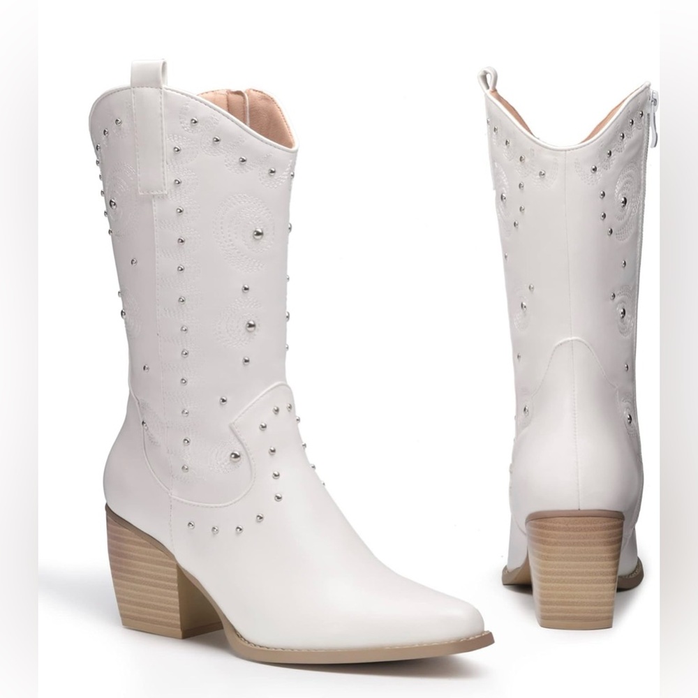 Women's Western Cowboy boots Mid Calf Cowgirl boot Pull-on White Studded Boots